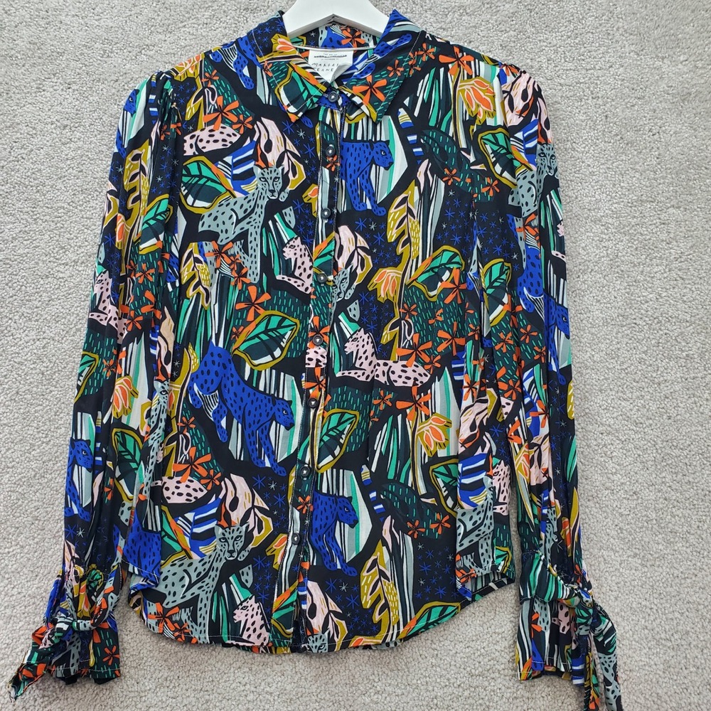 Anthropologie Margaret Jeane Leopard Jungle Print Viscose Button Up Blouse Sz 0